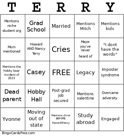 Terry Picnic '26 Bingo Card