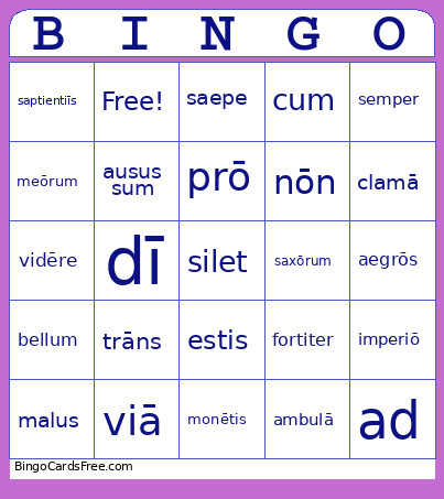 Test 2 Latin Bingo Card
