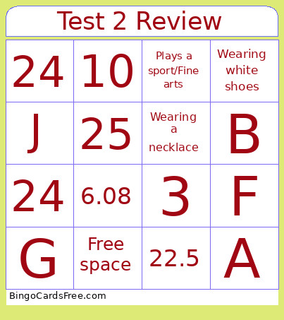 Test 2 Review Bingo Card