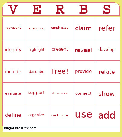 Test Prep Verbs Bingo Card