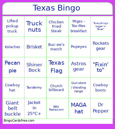 Texas Bingo Card