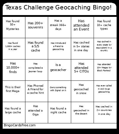Texas Challenge Geocaching ! Bingo Card