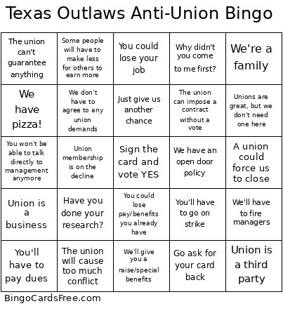 Texas Outlaws Anti-Union Bingo Card