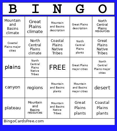 Texas Regions Bingo Card