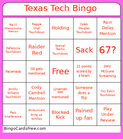 Texas Tech Bingo Card