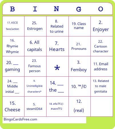 TF2 Name Bingo Cards Free Pdf Printable Game, Title: BINGO