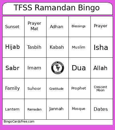 TFSS Ramandan Bingo Card