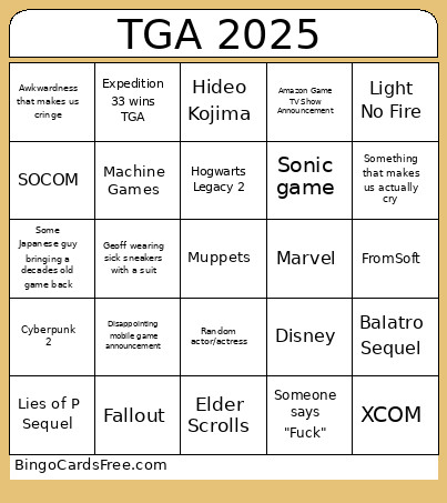TGA 2025 Bingo Card