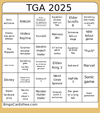 TGA 2025 Bingo Card