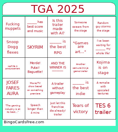 TGA 2025 Bingo Card