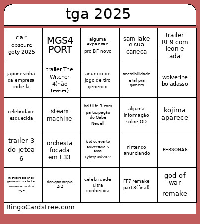 Tga 2025 Bingo Card