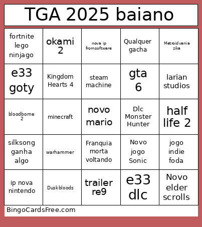 TGA 2025 Baiano Bingo Card