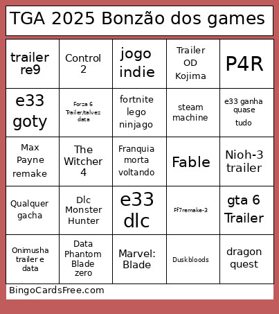 TGA 2025 Bonzão Dos Games Bingo Card