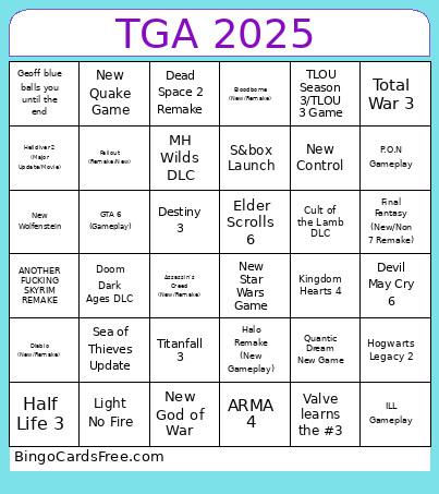 TGA 2025 Game Announcements Bingo Card
