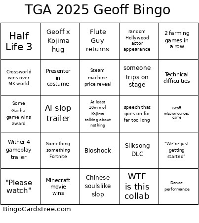 TGA 2025 Geoff Bingo Card