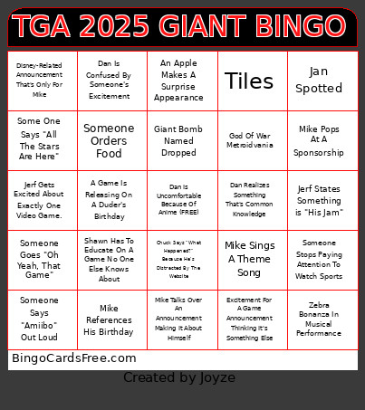 TGA 2025 Giant Bingo Card