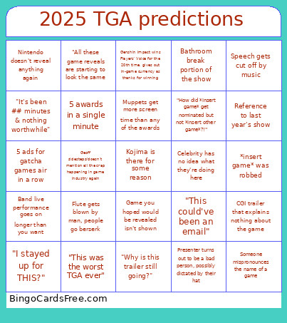 TGA 2025 Predictions Bingo Card