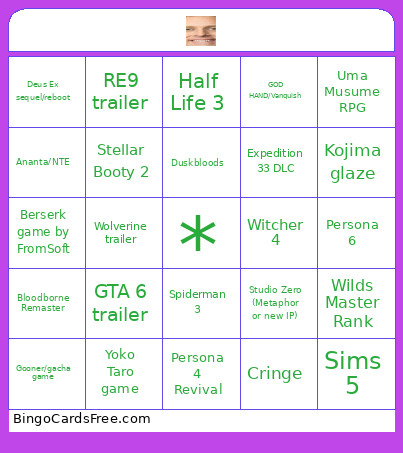 TGA 25 Bingo Card