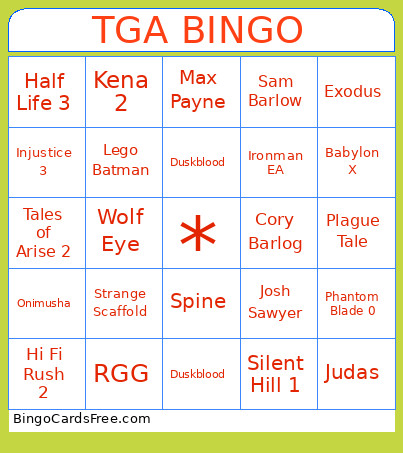 TGA Bingo Card