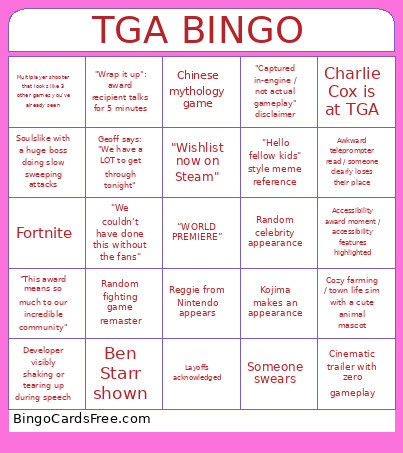 TGA Bingo Card