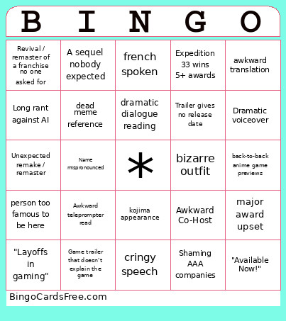 TGA Bingo Card