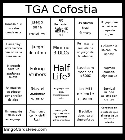 TGA Cofostia Bingo Card