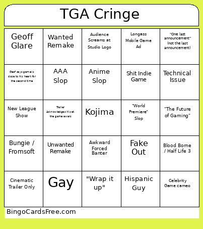 TGA Cringe Bingo Card