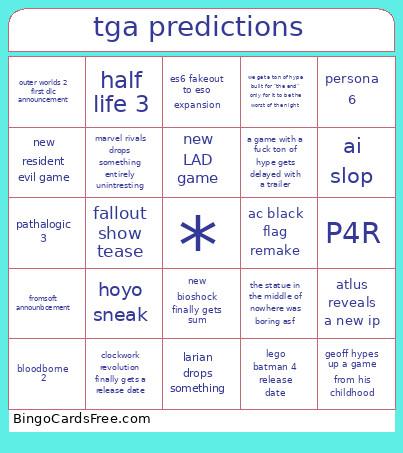 Tga Predictions Bingo Card