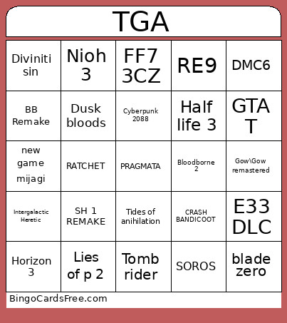 TGA2025 Bingo Card 2