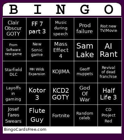 TGA25 Bingo Card