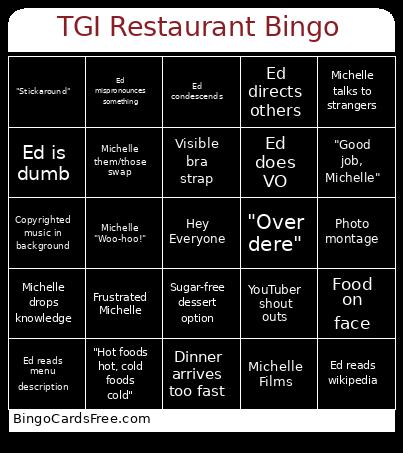 TGI Restaurant Bingo Card