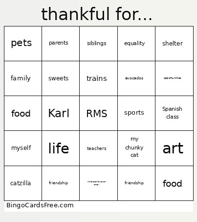 Thankful For... Bingo Card