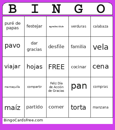 THANKSGIVING Bingo Card