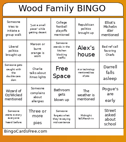 Thanksgiving Family Bingo Card