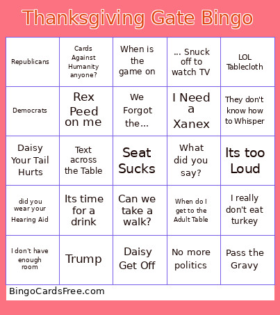 Thanksgiving Gate Bingo Card