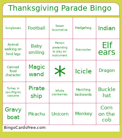 Thanksgiving Parade Bingo Card