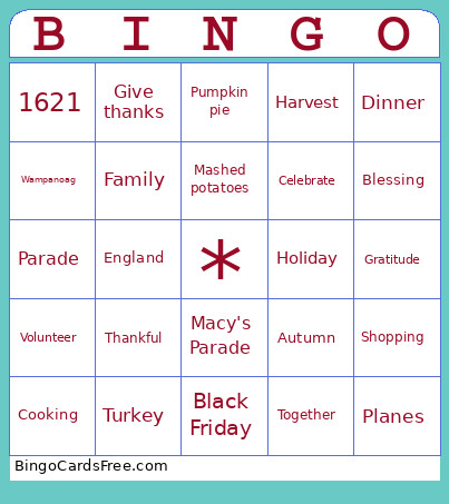 Thanksgiving Vocabulary Bingo Card