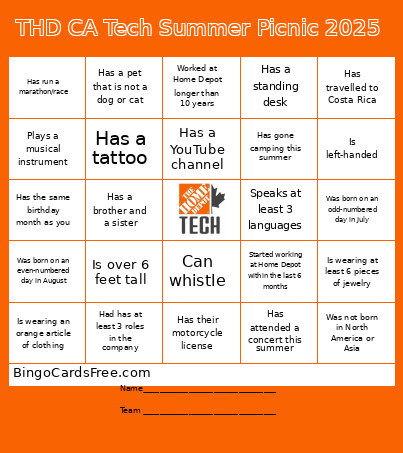 THD CA Tech Summer Picnic 2025 Bingo Card