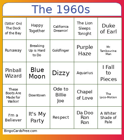 The 1960s Bingo Card