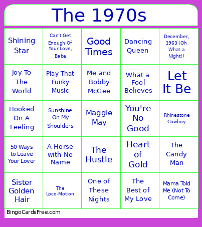 The 1970s Bingo Card