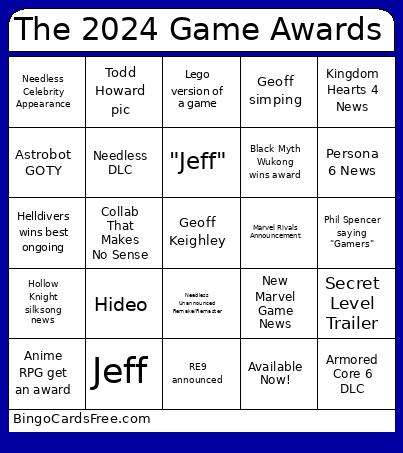 The 2024 Game Awards Bingo Card