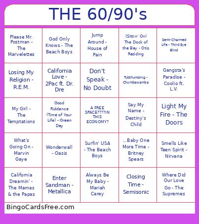 THE 60/90's Bingo Card