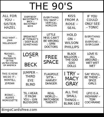 THE 90'S Bingo Card