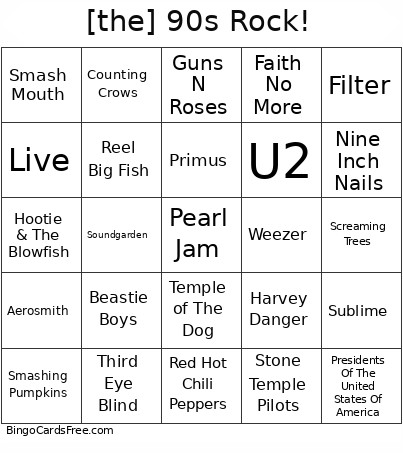 [the] 90s Rock! Bingo Card