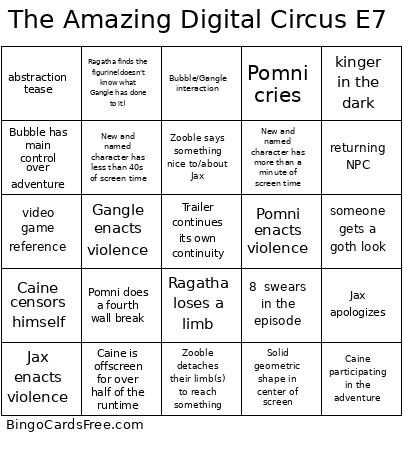 The Amazing Digital Circus E7 Bingo Card