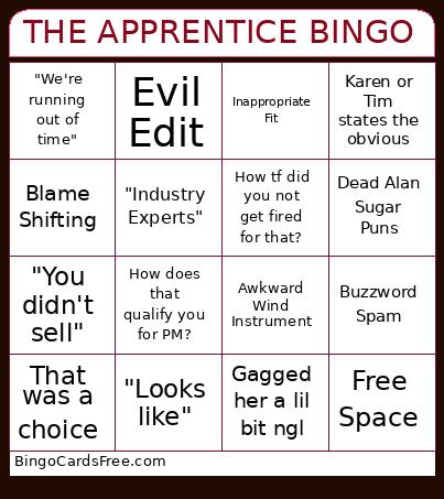 THE APPRENTICE BINGO Cards Free Pdf Printable Game, Title: THE APPRENTICE BINGO