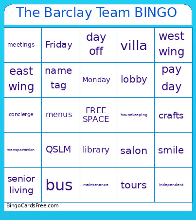 The Barclay Team Bingo Card