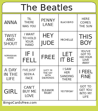 The Beatles Song Bingo Card
