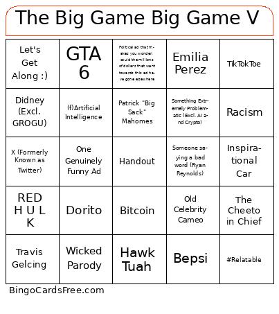 The Big Game Big Game V Bingo Cards Free Pdf Printable Game, Title: The Big Game Big Game V