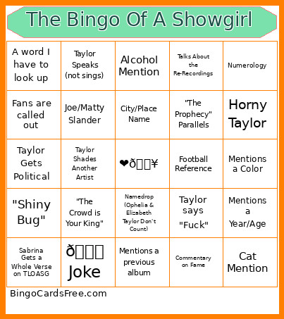 The Of A Showgirl Bingo Card